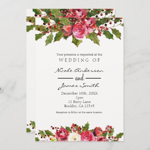 December Winter Wedding Holly Berry Floral Holiday Invitation