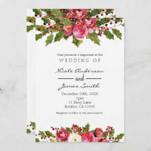 December Winter Wedding Holly Berry Floral Holiday Invitation
