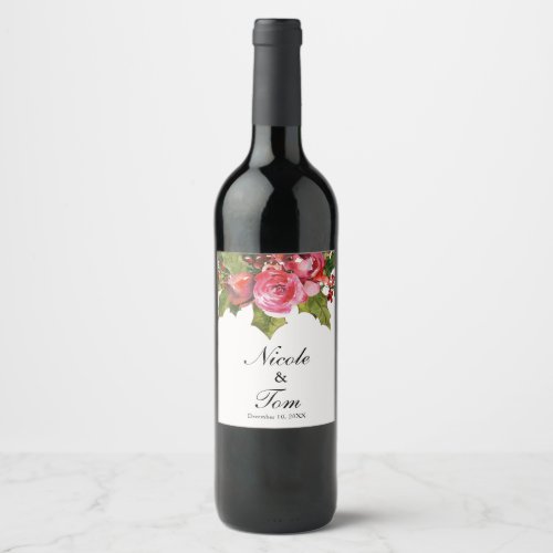 December Winter Wedding Holly Berry Floral Wine Wine Label