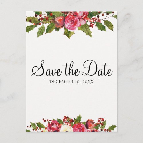December Winter Wedding Holly Floral Save the Date Announcement Postcard