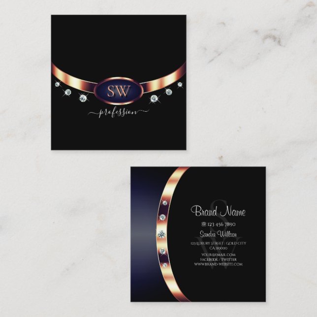Decent Black Blue Rose Gold with Monogram Diamonds Square Business Card (Front/Back)
