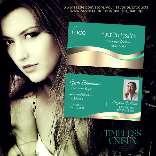 Decent Dark Teal Wavy Gold Decor with Logo Photo Business Card (Creator Uploaded)