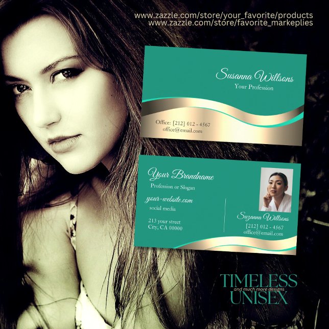 Decent Dark Teal Wavy Gold Decor with Photo Classy Business Card (Creator Uploaded)