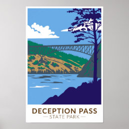 Deception Pass State Park Bridge Washington Retro Poster
