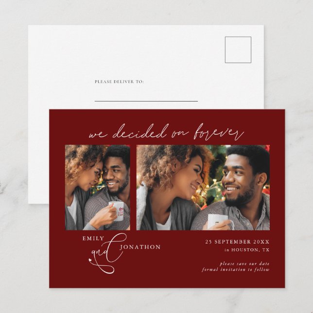 Decided on Forever 2 photo Burgundy Save Date Announcement Postcard (Front/Back)
