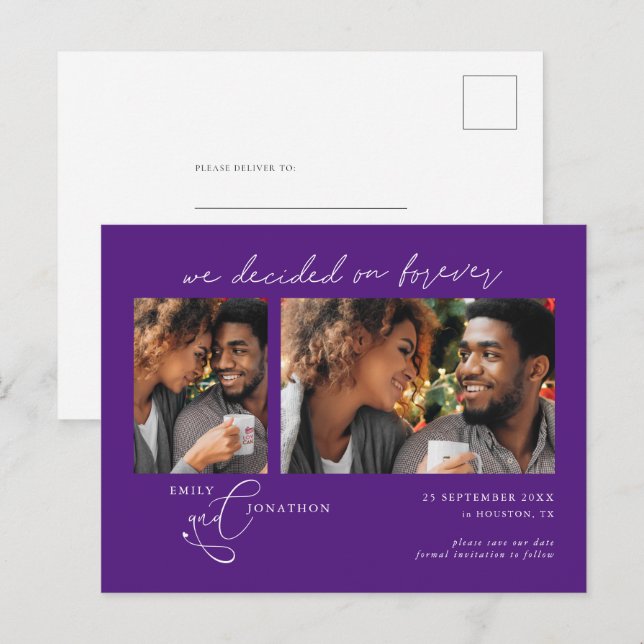 Decided on Forever 2 photo Purple Save Date Announcement Postcard (Front/Back)
