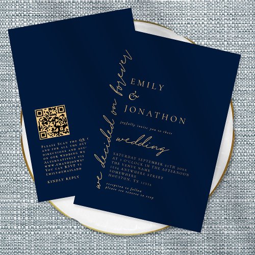 Decided on Forever QR Code Navy Gold Wedding Invitation