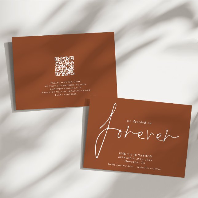 Decided on Forever QR Code Terracotta Save The Date (Front and back view)