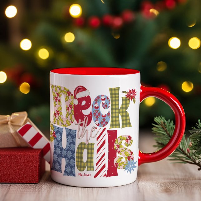 Deck Halls Holiday Patchwork Typography Christmas Mug (Creator Uploaded)