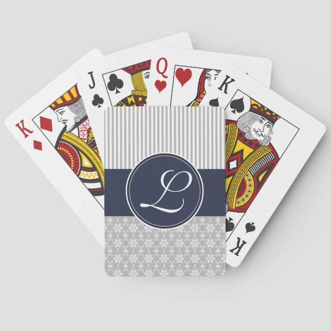 Deck of Cards, Custom Monogram Navy Grey Pattern Poker Cards (Back)