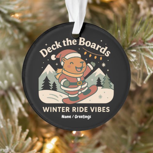 Deck the Boards Cute Santa Capybara Snowboarding Ornament