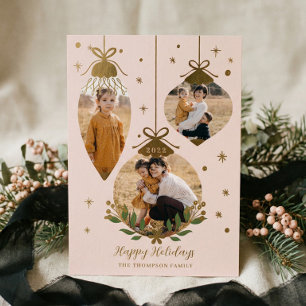 Deck The Halls 3 Photo Vintage Christmas Ornament Foil Holiday Card