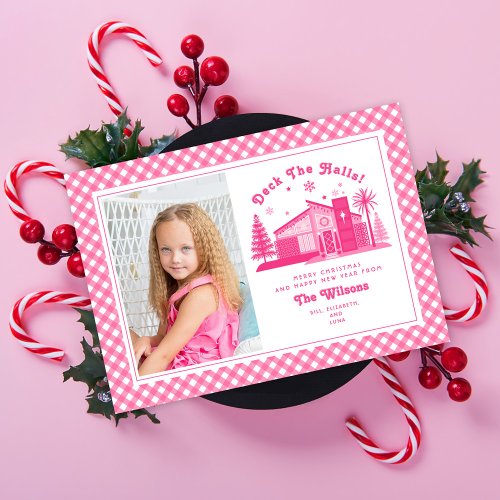 Deck The Halls Christmas Pink Modern House Gingham Holiday Card