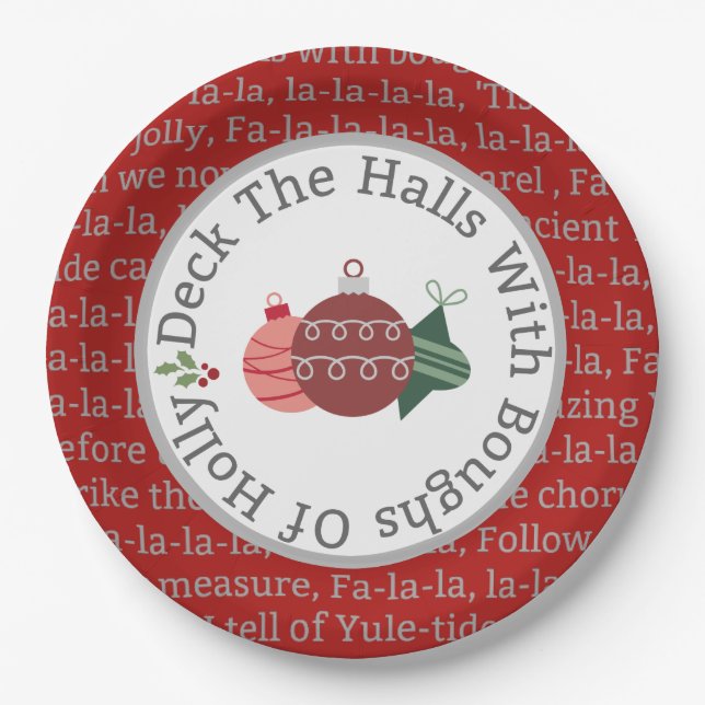 Deck The Halls Christmas Song Red Paper Plates (Front)