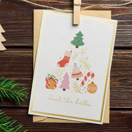 Deck the Halls Christmas Tree Decoration Gold Foil Holiday Card