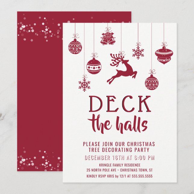 Deck the Halls Christmas Tree Trimming Party Red Invitation (Front/Back)
