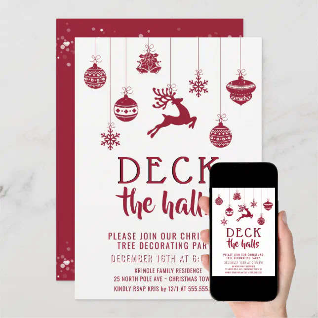 Deck the Halls Christmas Tree Trimming Party Red Invitation Zazzle
