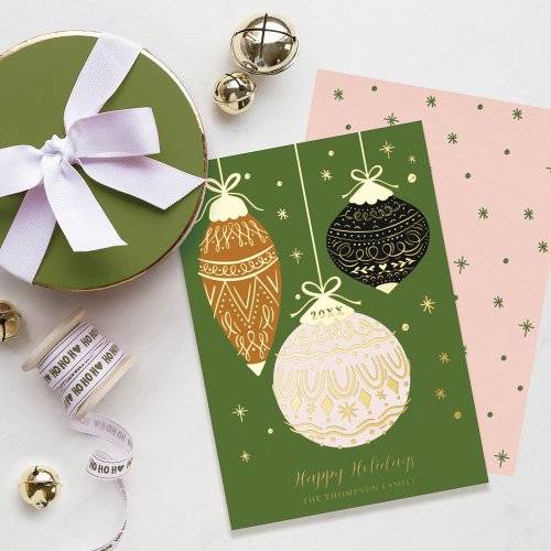 Deck The Halls Elegant Hanging Ornaments Foil Holiday Card