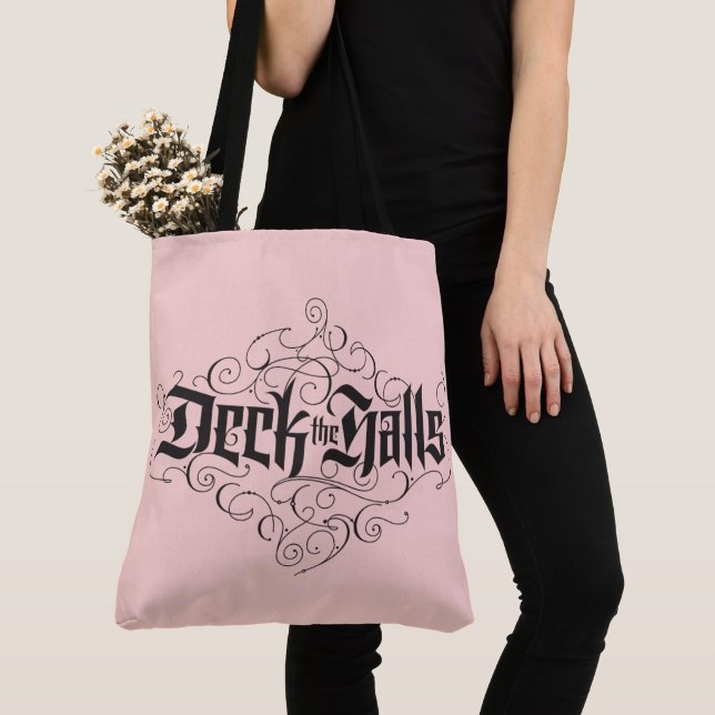 Deck the Halls Luxury Lettering Blush Pink Black Tote Bag (Close Up)