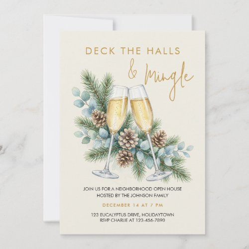 Deck the Halls Mingle Champagne Holiday Party Invitation