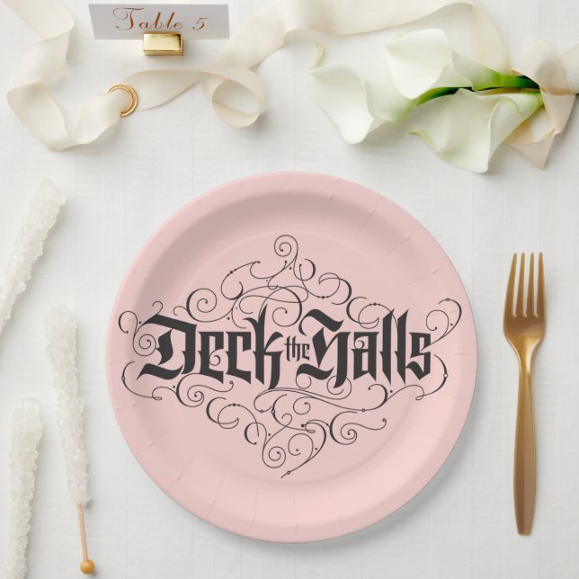 Deck the Halls Modern Christmas Blush Pink Black Paper Plates (Wedding)