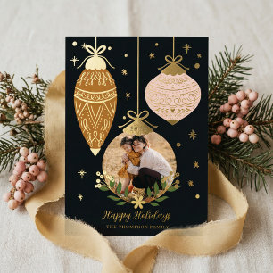 Deck The Halls Photo Vintage Christmas Ornament Foil Holiday Card