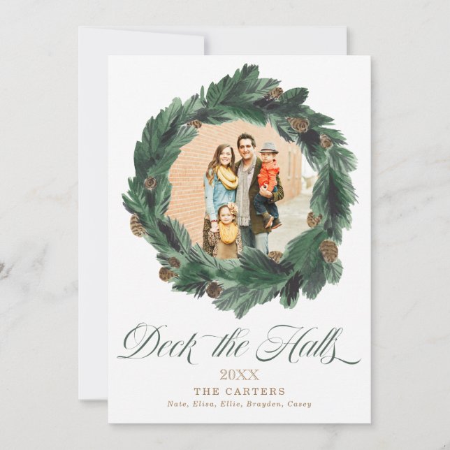Deck the Halls Pine Wreath Holiday Photo Card (Front)