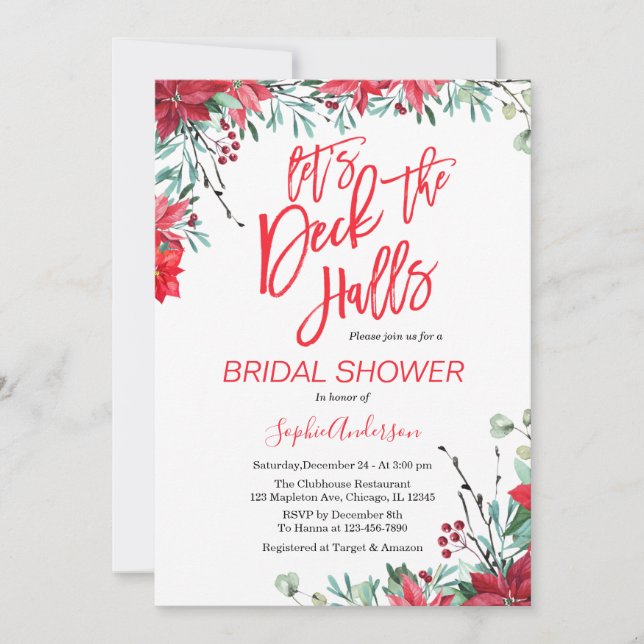 Deck the Halls Poinsettia Christmas Bridal Shower  Invitation (Front)