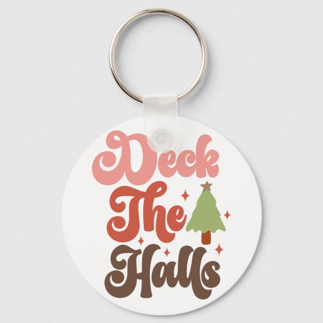 Deck the Halls Retro Groovy Christmas Holidays Keychain (Front)