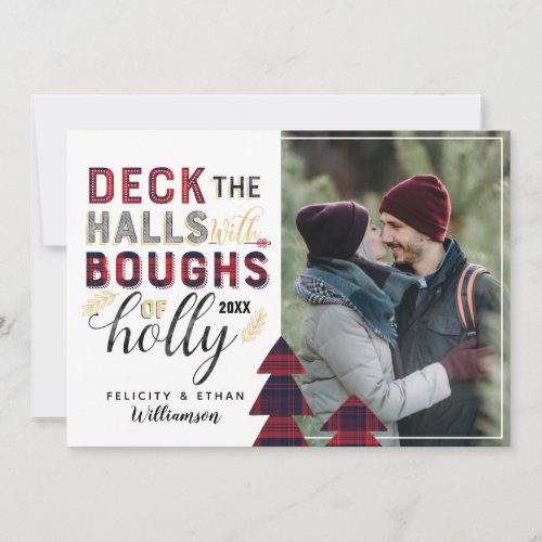 Deck The Halls Rustic Red Plaid Pine Tree Photo Holiday Card