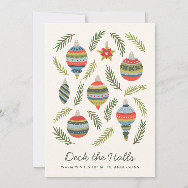 Deck the Halls Vintage Ornaments Holiday Card (Front)