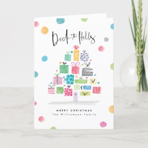 Deck The Halls  Watercolor Gift Christmas Tree Holiday Card