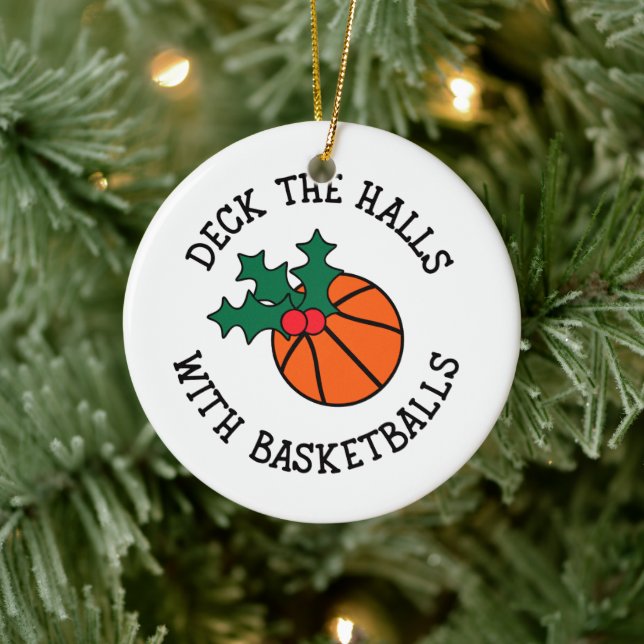 Deck The Halls With Basketballs Christmas Sport Ceramic Ornament (Tree)