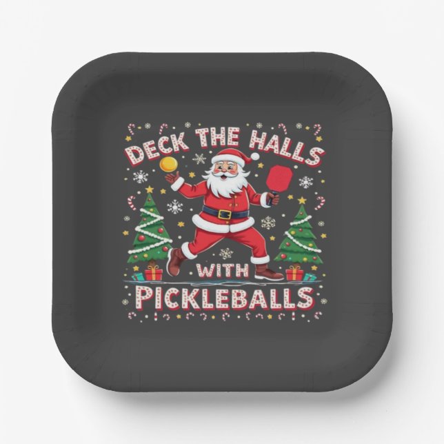 Deck The Halls With Pickleballs  Paper Plates (Front)