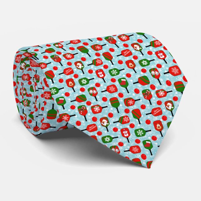 Deck the Halls with Pickleballs Red Green Blue Neck Tie (Rolled)