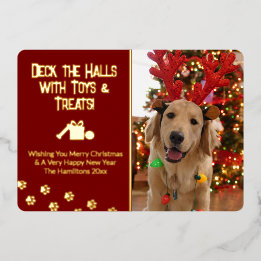 Deck the Halls with Toys & Treats Dog Photo Foil Holiday Card