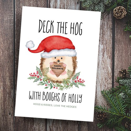 Deck the Hog Hedgehog Santa Holly Christmas Holiday Card