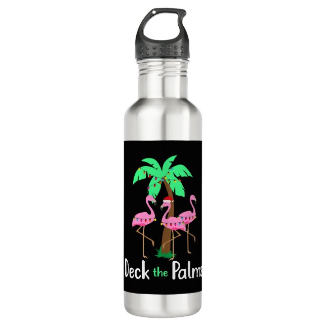 Deck The Palm Trees Flamingo Christmas Holiday Fun Stainless Steel Water Bottle (Front)