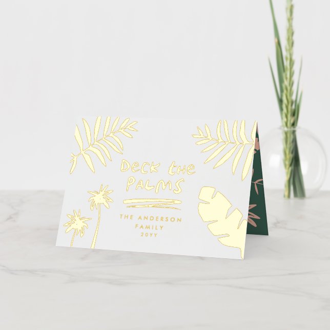 deck the palms christmas tropical  modern foil holiday card (Front)
