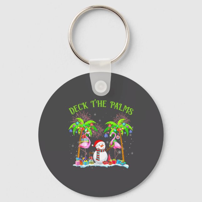 Deck The Palms Flamingo Trocal Christmas Lights Pa Keychain (Front)