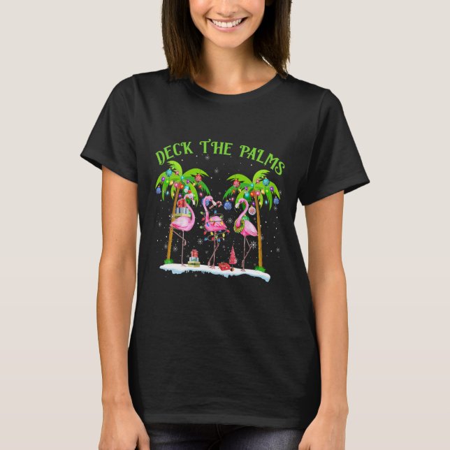 Deck The Palms Flamingo Tropical Christmas Lights  T-Shirt (Front)