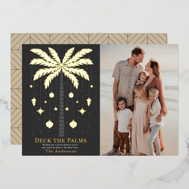 Deck the Palms Golden Palm Tree Christmas Photo Foil Holiday Card (Front/Back)