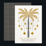 Deck the Palms Golden Palm Tree Ornament Christmas Holiday Card<br><div class="desc">This minimalist chic "Deck the Palms" Christmas holiday card features a palm tree in faux gold with Christmas holiday ornaments. The reverse side features a dark gray background with geometric patterns. Personalize it for your needs. You can find matching products at my store.</div>