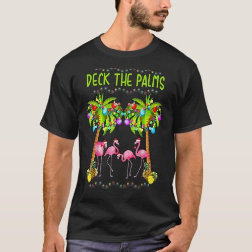 Deck The Palms Merry Pink Flamingo Christmas Hawai T_Shirt