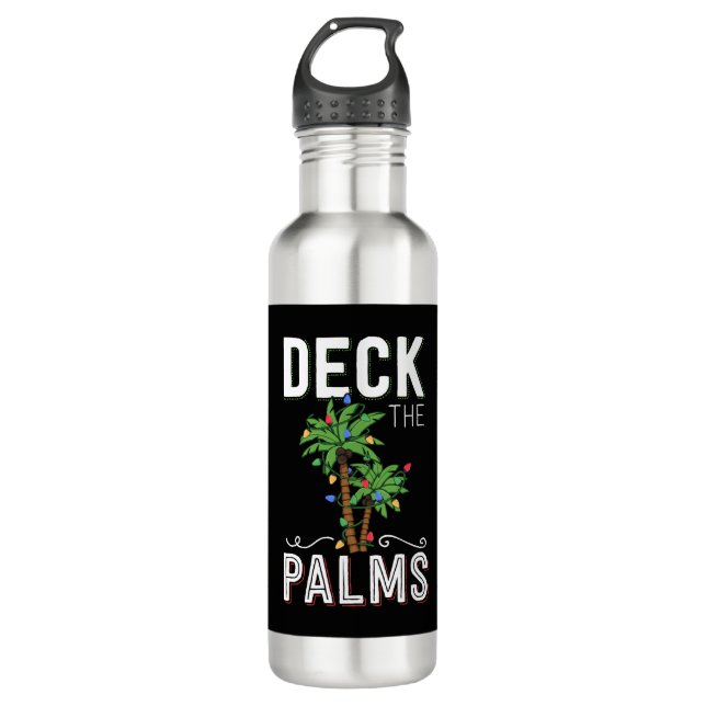 Deck The Palms Tropical Hawaii Christmas Palm  Stainless Steel Water Bottle (Front)