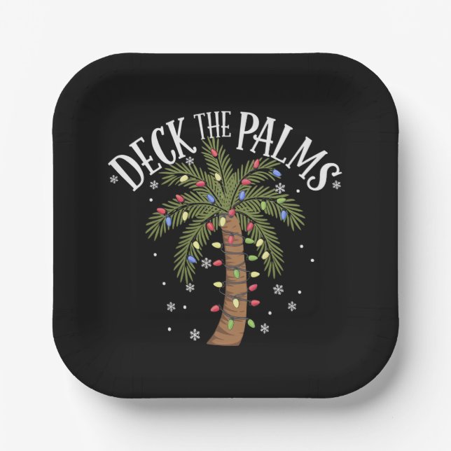 Deck The Palms Tropical Hawaii Christmas Palm Tree Paper Plates (Front)