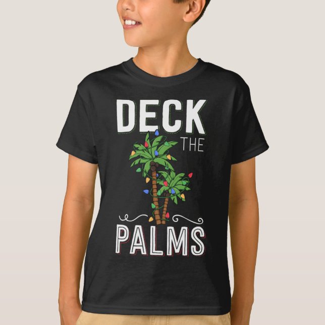 Deck The Palms Tropical Hawaii Christmas Palm Tree T-Shirt (Front)
