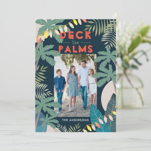 Deck the Palms Tropical Navy Holiday Photo Card