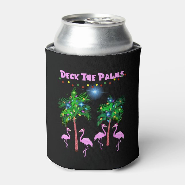 Deck The Palms Tropical Pink Flamingos Palm Tree Can Cooler (Can Front)
