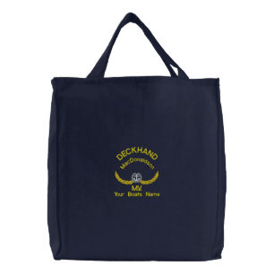 Deckhand and custom boats name embroidered tote bag